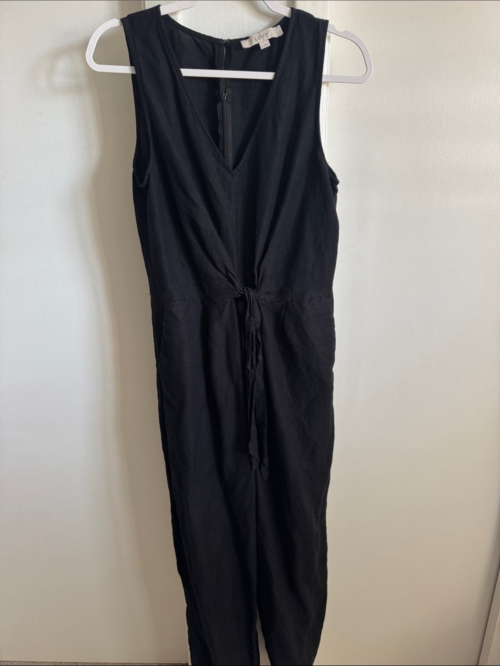 LOFT Black Sleeveless V-Neck Jumpsuit with Waist Tie